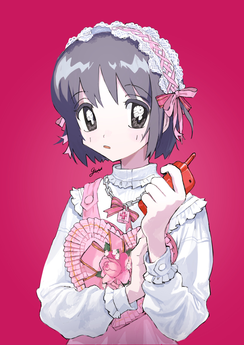 1girl absurdres black_eyes box chain_necklace flower frilled_shirt frills grey_hair hairband heart-shaped_box highres holding holding_walkie-talkie jewelry lock lock_necklace lolita_hairband long_sleeves looking_at_viewer necklace original oyasumi_guu_guu parted_lips pink_background pink_flower pink_ribbon ribbon ribbon-trimmed_hairband shirt short_hair signature solo upper_body walkie-talkie white_hairband white_shirt