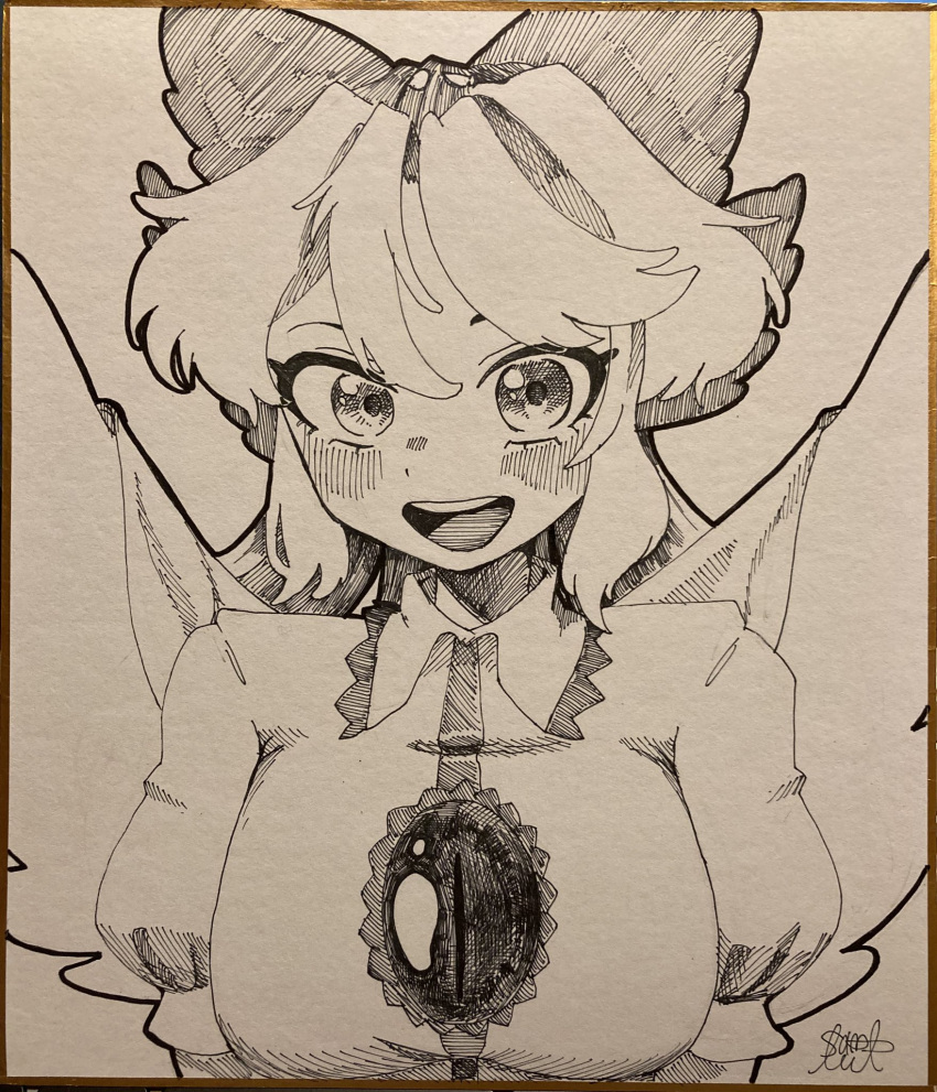 1girl :d bird_wings blush bow breasts cape commentary_request greyscale hair_bow highres large_breasts long_hair monochrome open_mouth reiuji_utsuho shikishi short_sleeves signature simple_background smile solo teeth third_eye touhou traditional_media upper_body upper_teeth_only wings yomogi_0001