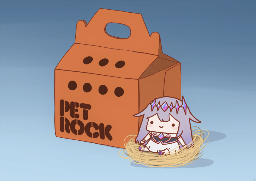 1girl absurdres bird_nest blue_background box cardboard_box crown crystal dress gem gem_on_chest grey_hair hair_ornament highres hololive hololive_english jewelry koseki_bijou long_hair pet_rock phdpigeon simple_background smile solo virtual_youtuber white_dress