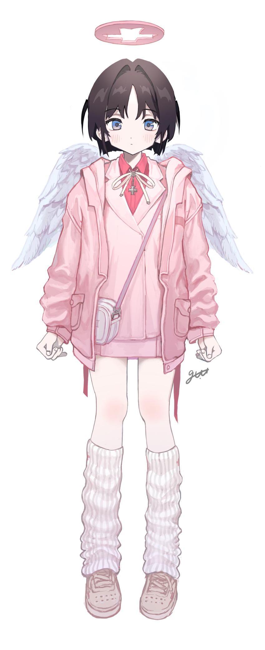1girl absurdres angel_wings bag blue_eyes brown_hair closed_mouth collared_shirt cross cross_necklace full_body halo highres jacket jewelry light_blush long_sleeves looking_at_viewer loose_socks neck_ribbon necklace no_pants open_clothes open_jacket original oyasumi_guu_guu pink_halo pink_jacket pink_ribbon pink_shirt ribbon shirt shoes short_hair signature simple_background sneakers socks solo white_background white_socks white_wings wings
