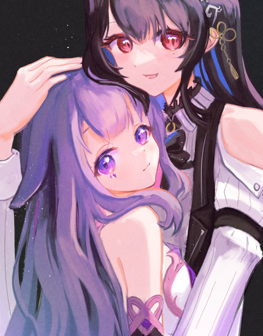 2girls absurdres besidoesart black_background black_dress black_hair blue_hair closed_mouth collared_shirt colored_inner_hair dress gradient_hair hand_on_another's_head highres hololive hololive_english hug koseki_bijou long_hair looking_at_viewer mole mole_under_eye multicolored_hair multiple_girls nerissa_ravencroft open_mouth pink_hair shirt smile virtual_youtuber white_dress white_hair