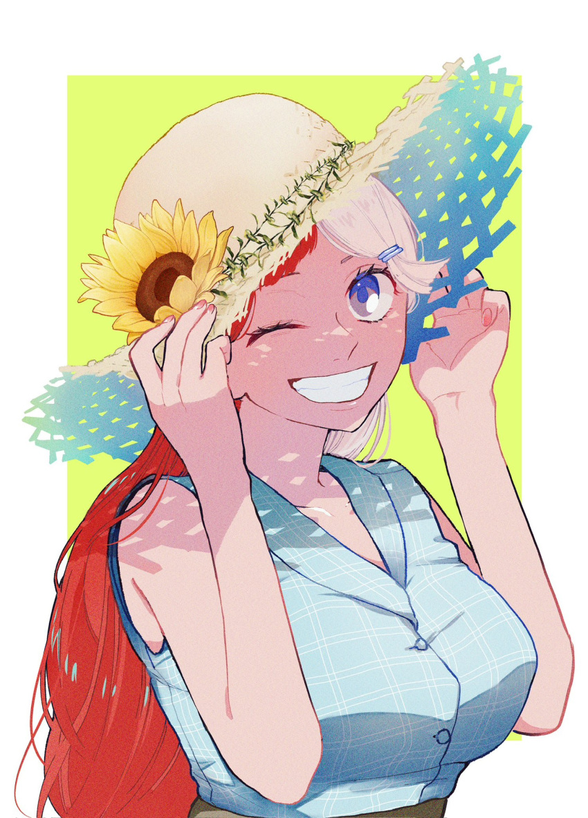 1girl adjusting_clothes adjusting_headwear arms_up blue_eyes blue_shirt flower hair_ornament hairclip hat hat_flower heart_blody highres long_hair looking_at_viewer multicolored_hair one_eye_closed one_piece one_piece_film:_red redhead shirt sleeveless smile straw_hat sunflower teeth two-tone_hair upper_body uta_(one_piece) white_hair