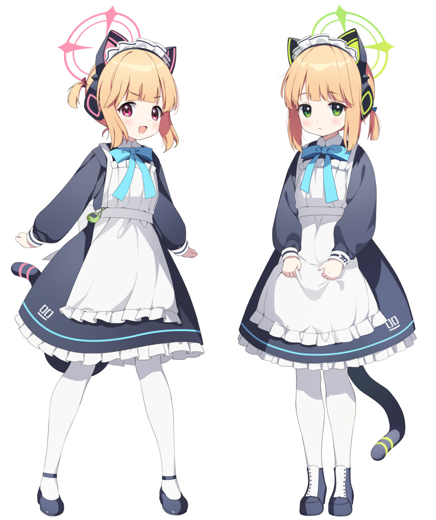 2girls :d absurdres animal_ear_headphones animal_ears apron black_dress black_footwear blonde_hair blue_archive blue_bow blue_bowtie blunt_bangs blush boots bow bowtie cat_ear_headphones cat_ears cat_girl cat_tail closed_mouth collared_dress commentary dress expressionless fake_animal_ears frilled_apron frilled_dress frills full_body gogoco green_eyes hair_bow halo headphones highres long_sleeves looking_at_viewer low_ponytail maid maid_headdress midori_(blue_archive) midori_(maid)_(blue_archive) momoi_(blue_archive) momoi_(maid)_(blue_archive) multiple_girls official_alternate_costume open_mouth pantyhose ponytail puffy_long_sleeves puffy_sleeves purple_bow shoes short_hair short_ponytail siblings sidelocks simple_background sisters smile standing tail tamagotchi twins v-shaped_eyebrows violet_eyes waist_apron white_apron white_background white_pantyhose