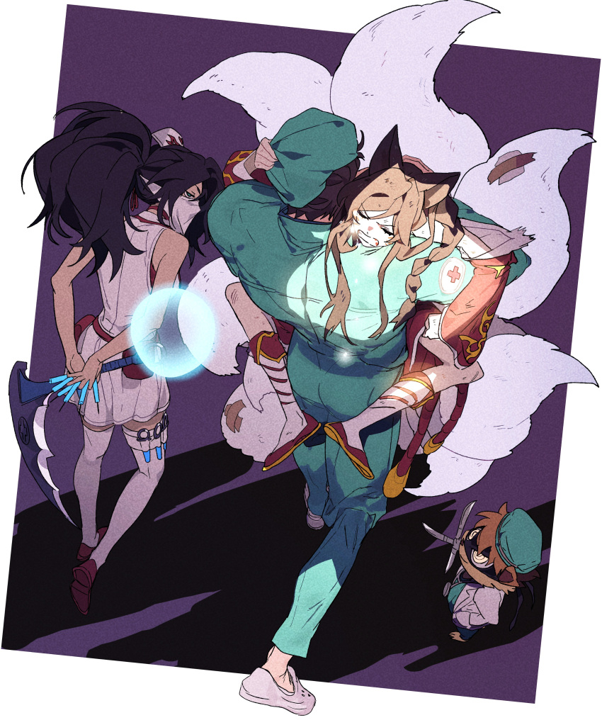 2boys 2girls absurdres ahri_(league_of_legends) akali animal_ears asymmetrical_bangs black_hair border brown_hair carrying carrying_person closed_eyes fox_ears fox_girl green_eyes green_headwear green_pants green_shirt hand_on_another's_head hat high_ponytail highres holding holding_needle holding_weapon kama_(weapon) kennen kennen_m.d. league_of_legends long_hair long_sleeves mask mouth_mask multiple_boys multiple_girls multiple_tails needle nurse nurse_akali nurse_cap official_alternate_costume pants ponytail shadow shen_(league_of_legends) shirt short_hair sickle simple_background skirt sleeveless surgeon surgeon_shen tail thigh-highs v-shaped_eyebrows v-shaped_eyes walking weapon whiskers white_border white_skirt white_thighhighs yellow_eyes zaket07