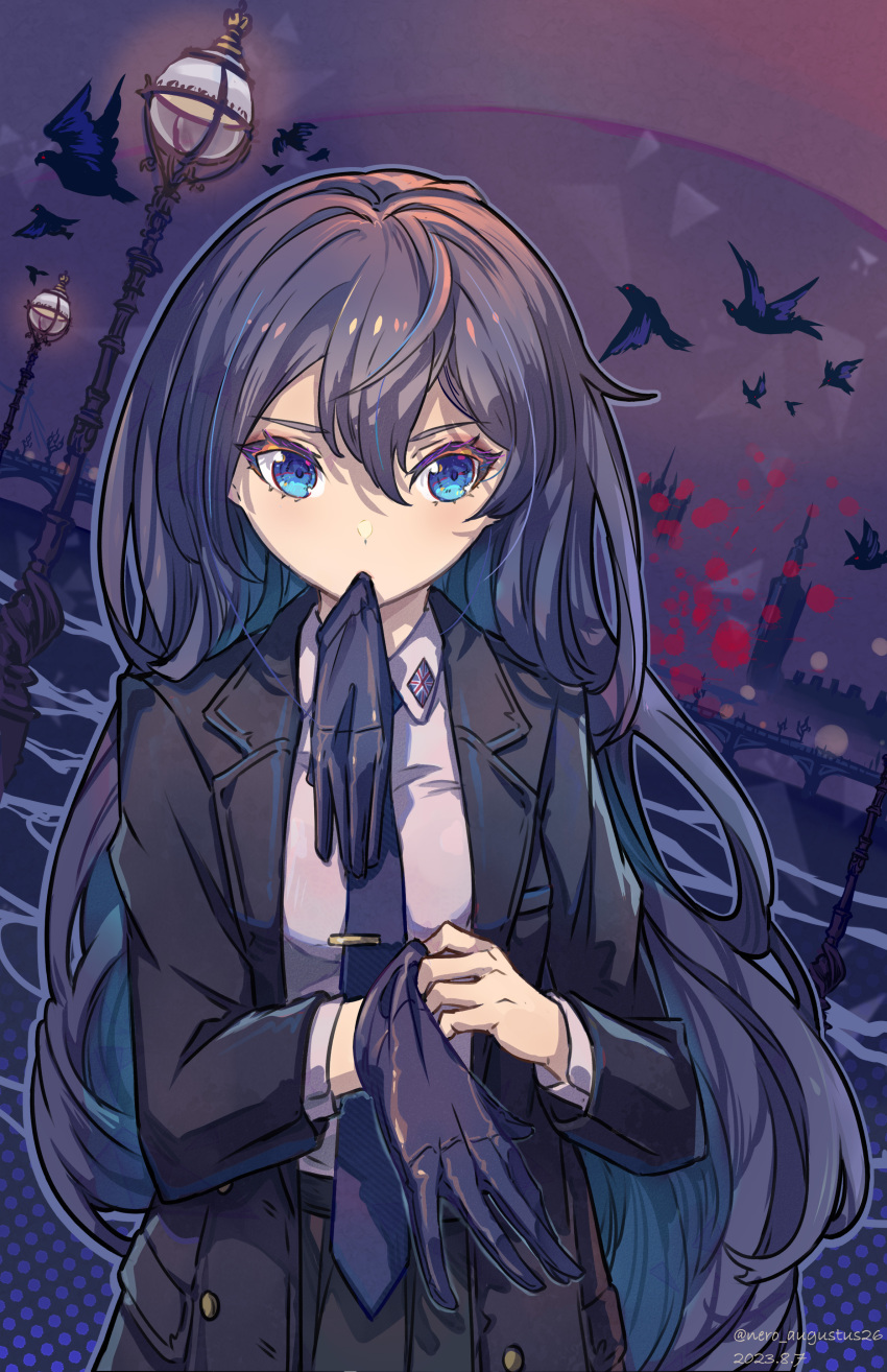 1girl absurdres animal bird black_jacket black_skirt blue_eyes breasts buttons chinese_commentary collared_shirt commentary_request dated double-parted_bangs eyelashes glove_in_mouth gloves hair_between_eyes highres jacket lamppost long_hair long_sleeves looking_to_the_side mouth_hold necktie nero_augustus original outdoors pleated_skirt purple_gloves purple_hair purple_necktie putting_on_gloves shirt shirt_tucked_in skirt solo splatter tie_clip twitter_username union_jack_print very_long_hair white_shirt