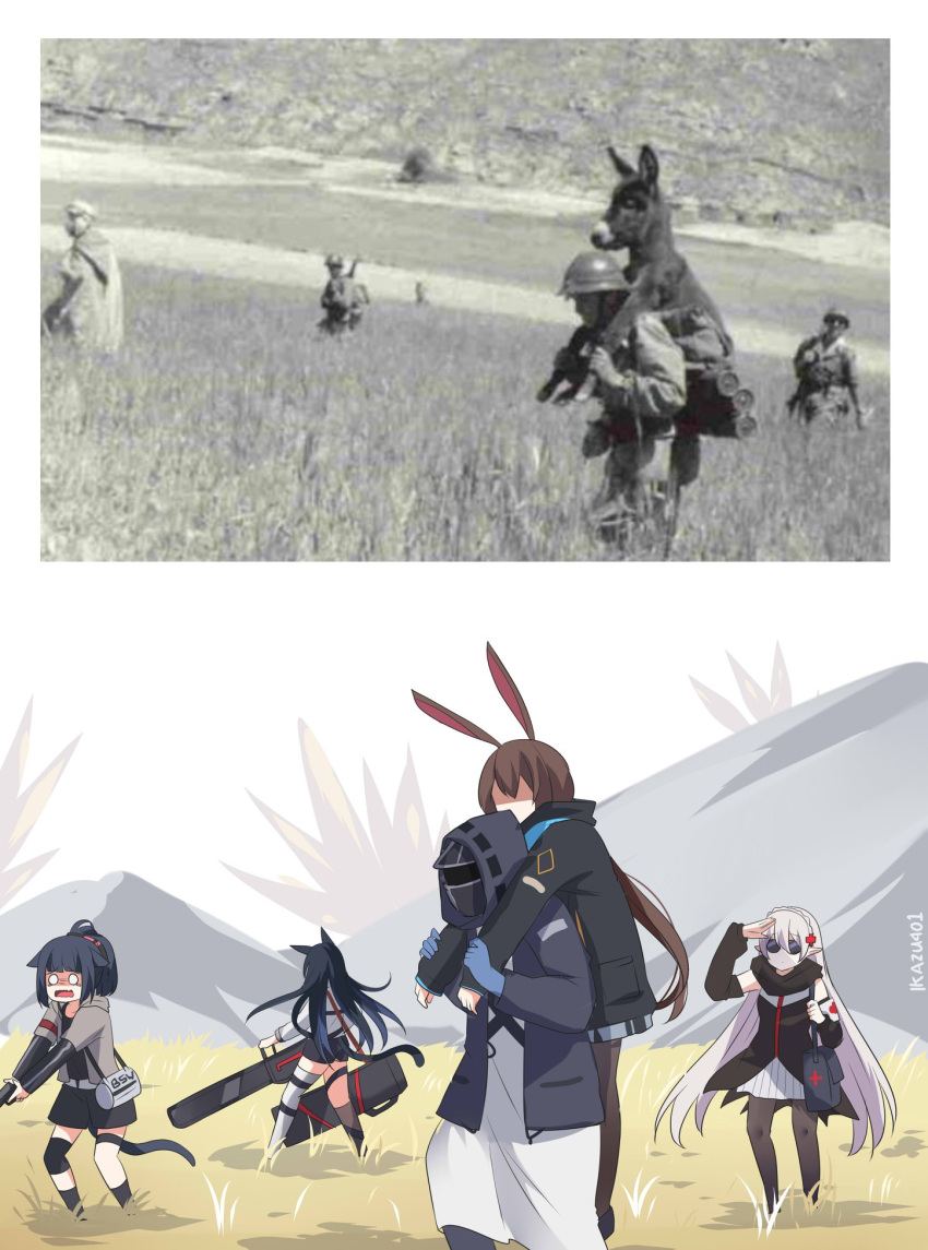 1other 4boys 4girls amiya_(arknights) animal_ears arknights artist_name bag black_coat black_hair black_jacket blaze_(arknights) blunt_bangs brown_hair carrying carrying_person cat_ears cat_girl cat_tail chainsaw coat commentary_request doctor_(arknights) donkey from_behind gun hand_up handgun highres holding holding_another's_wrist holding_chainsaw holding_gun holding_weapon hood hood_up hooded_coat hooded_jacket ikazu401 indonesian_commentary jacket jessica_(arknights) long_hair long_sleeves military_uniform multiple_boys multiple_girls nervous no_eyes o_o photo-referenced piggyback pointy_ears ponytail rabbit_ears real_life rectangular_mouth reference_inset round_eyewear shaded_face shoulder_bag sleeves_past_wrists soldier standing sunglasses tail tearing_up uniform warfarin_(arknights) weapon white_hair
