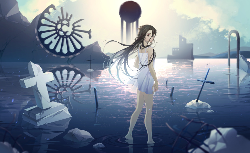 1girl absurdres bare_arms bare_legs barefoot black_eyes blue_sky closed_mouth clouds commentary cross day dress erchongbaojun full_body hair_between_eyes highres long_hair looking_at_viewer original outdoors reflection reflective_water ripples ruins sky sleeveless sleeveless_dress solo spaghetti_strap standing very_long_hair wading water white_dress