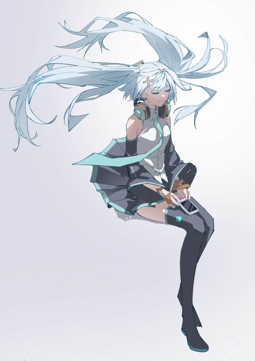 1girl absurdres aqua_necktie bare_shoulders black_skirt black_thighhighs cellphone chabuduohuawandecha chinese_commentary closed_eyes closed_mouth collared_shirt commentary_request cosplay detached_sleeves faruzan_(genshin_impact) floating_hair full_body genshin_impact hair_ornament hatsune_miku hatsune_miku_(cosplay) headphones headphones_around_neck highres holding holding_phone long_hair necktie phone pleated_skirt shirt simple_background skirt sleeveless sleeveless_shirt smartphone smile solo thigh-highs twintails white_background white_hair white_shirt wide_sleeves x_hair_ornament