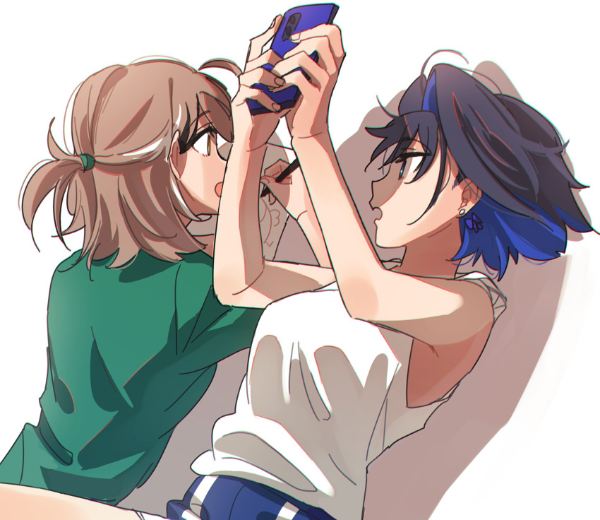 2girls ahoge alternate_costume blue_eyes blue_hair blue_shorts bow bow_earrings brmameng brown_eyes brown_hair casual cellphone colored_inner_hair drawing earrings fingernails green_shirt gym_shorts hair_intakes highres hololive hololive_english jewelry lying multicolored_hair multiple_girls nanashi_mumei on_back on_stomach ouro_kronii paper pen phone shirt short_hair short_shorts shorts smartphone streaked_hair t-shirt talking tank_top virtual_youtuber white_tank_top
