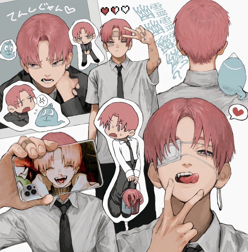 1boy absurdres bandaid black_necktie black_pants bucket collared_shirt eyepatch gakudayo ghost hand_up heart highres holding holding_bucket holding_phone long_sleeves male_focus multiple_views necktie original pants phone pink_hair shirt tongue tongue_out v white_shirt