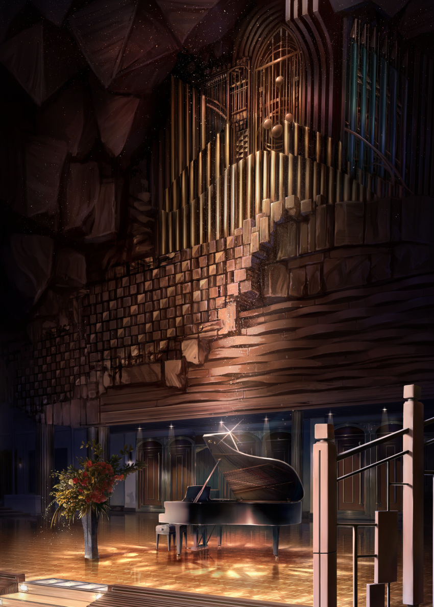 ceiling_light flower grand_piano highres indoors instrument light_particles nnj_ou no_humans organ_(instrument) original piano piano_bench pillar pipe_organ railing red_flower scenery stage stairs vase yellow_flower