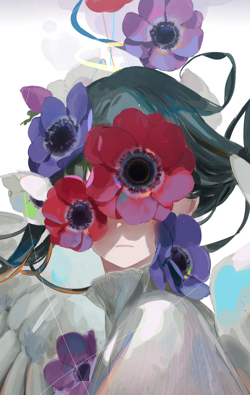1other absurdres aq_ll closed_mouth covered_eyes dress expressionless facing_viewer floating_hair flower green_hair highres original portrait purple_flower red_flower simple_background solo white_background white_dress white_wings wings