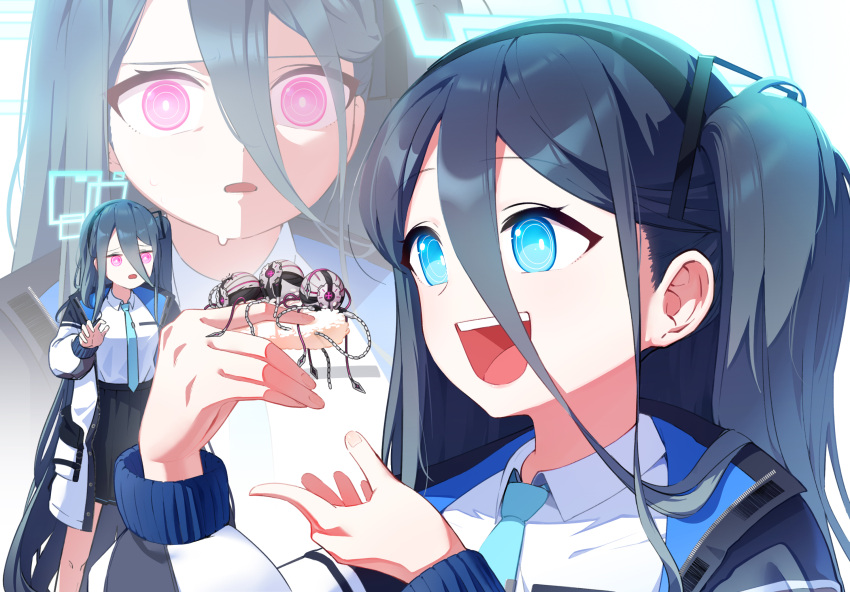 &lt;key&gt;_(blue_archive) 2girls aqua_necktie aris_(blue_archive) black_hair black_skirt blue_archive blue_eyes collared_shirt commentary_request food green_halo hair_between_eyes halo hand_up highres holding incoming_food jacket long_bangs long_hair long_sleeves multiple_girls multiple_views nasan_(coldtime) necktie open_clothes open_jacket open_mouth pleated_skirt ringed_eyes shirt shirt_tucked_in side_ponytail skirt smile standing sushi sweat teeth upper_teeth_only very_long_hair violet_eyes white_jacket white_shirt