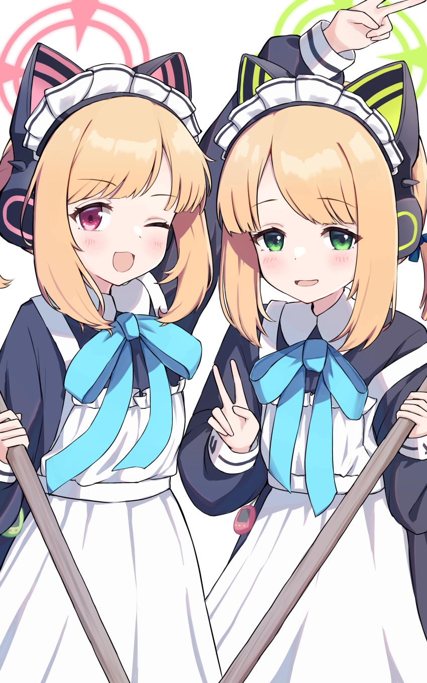 2girls absurdres alternate_costume animal_ear_headphones animal_ears apron arm_up black_dress blue_archive blue_ribbon blush caffeinechara cat_ear_headphones collared_dress commentary_request cowboy_shot dress enmaided fake_animal_ears green_eyes green_halo halo headphones highres holding looking_at_viewer maid maid_apron maid_headdress midori_(blue_archive) midori_(maid)_(blue_archive) momoi_(blue_archive) momoi_(maid)_(blue_archive) multiple_girls neck_ribbon official_alternate_costume one_eye_closed open_mouth orange_hair red_eyes red_halo ribbon short_hair siblings sidelocks simple_background sisters smile twins v white_background