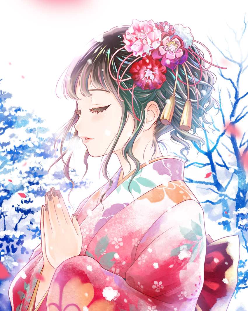 1girl bare_tree blue_flower blue_hair bow closed_eyes flower from_side hair_behind_ear hair_flower hair_ornament hatsumoude highres japanese_clothes kimono multicolored_hair original own_hands_together parted_lips petals pink_flower pink_hair purple_nails red_bow red_flower red_kimono snow solo streaked_hair tohri_hosoya tree