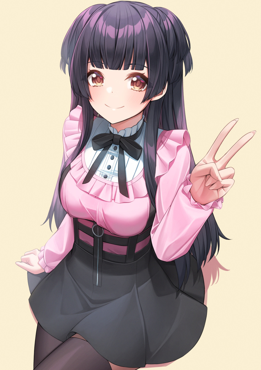 1girl absurdres black_bow black_bowtie black_hair black_skirt black_thighhighs blush bow bowtie breasts brown_eyes closed_mouth commentary frilled_sleeves frills highres hime_cut idolmaster idolmaster_shiny_colors jirai_kei long_hair long_sleeves looking_at_viewer mayuzumi_fuyuko medium_breasts pink_shirt puffy_sleeves shirt sidelocks simple_background skirt smile solo sora_(men0105) thigh-highs two_side_up v yellow_background zettai_ryouiki