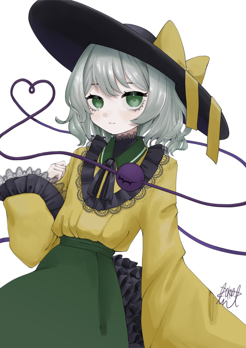 1girl black_headwear bow closed_mouth commentary green_eyes green_skirt grey_hair hat hat_bow heart heart_of_string highres koishi_day komeiji_koishi looking_at_viewer shirt short_hair signature simple_background skirt solo third_eye touhou white_background yellow_bow yellow_shirt yomogi_0001