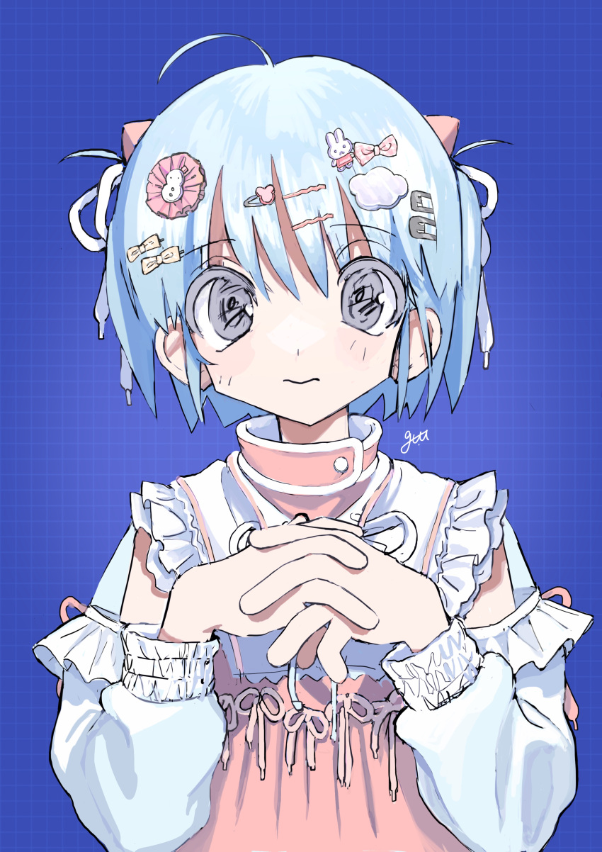1girl absurdres blue_background blue_hair bow closed_mouth cloud_hair_ornament detached_sleeves dress frilled_dress frilled_sleeves frills grey_eyes grid_background hair_bow hair_ornament hairclip hairpin highres interlocked_fingers looking_at_viewer original own_hands_together oyasumi_guu_guu pink_dress rabbit_hair_ornament short_hair solo two-tone_dress upper_body white_dress white_sleeves