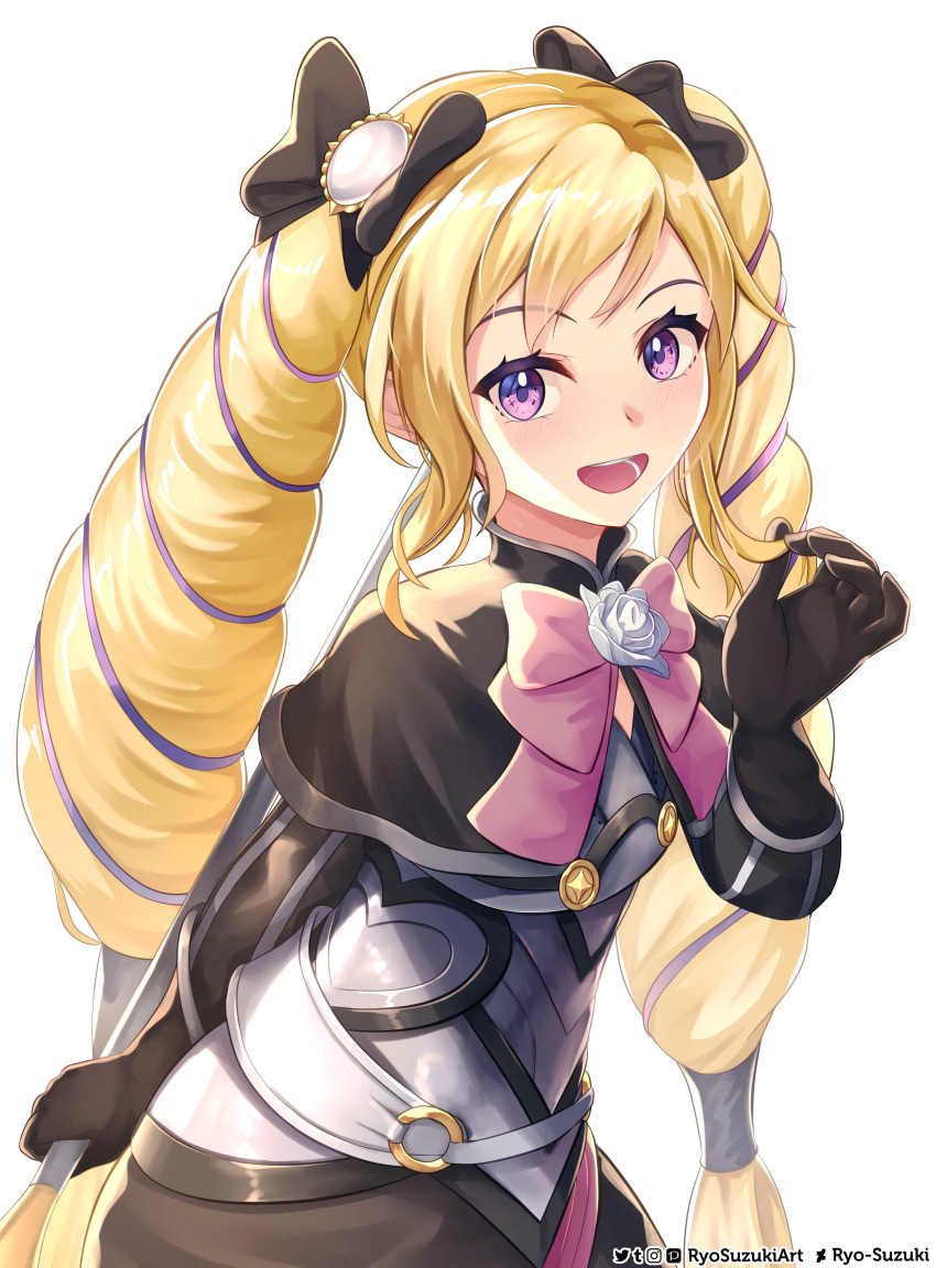 1girl absurdres artist_name black_gloves black_ribbon blonde_hair drill_hair elise_(fire_emblem) fire_emblem fire_emblem_fates flower gloves hair_ribbon highres long_hair looking_at_viewer lower_teeth_only open_mouth pink_ribbon ribbon ryo-suzuki smile solo teeth twin_drills twintails very_long_hair violet_eyes white_background white_flower