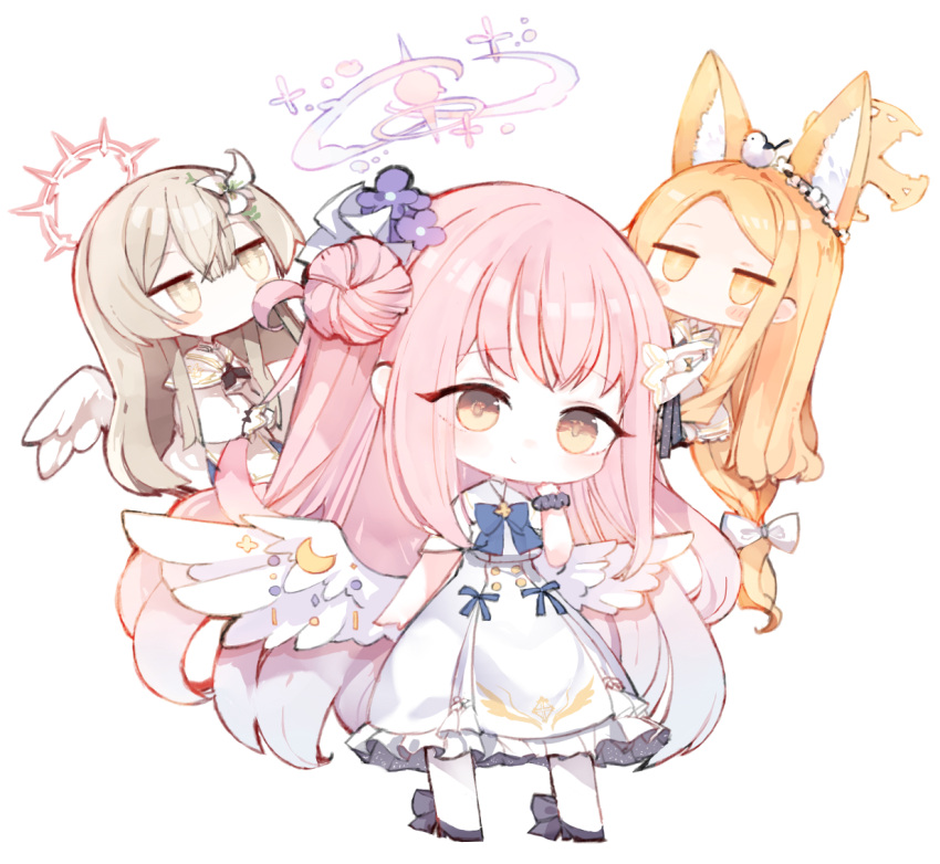 3girls animal_ear_fluff animal_ears black_footwear blonde_hair blue_archive blue_bow blush bow brown_eyes brown_hair capelet chibi closed_mouth commentary_request dress feathered_wings forehead frilled_dress frills hair_between_eyes hair_bow hair_bun halo kotatu_(akaki01aoki00) long_hair looking_at_viewer low_wings mika_(blue_archive) multiple_girls nagisa_(blue_archive) pantyhose pink_hair seia_(blue_archive) shoes simple_background single_side_bun smile very_long_hair white_background white_bow white_capelet white_dress white_pantyhose white_wings wings yellow_eyes