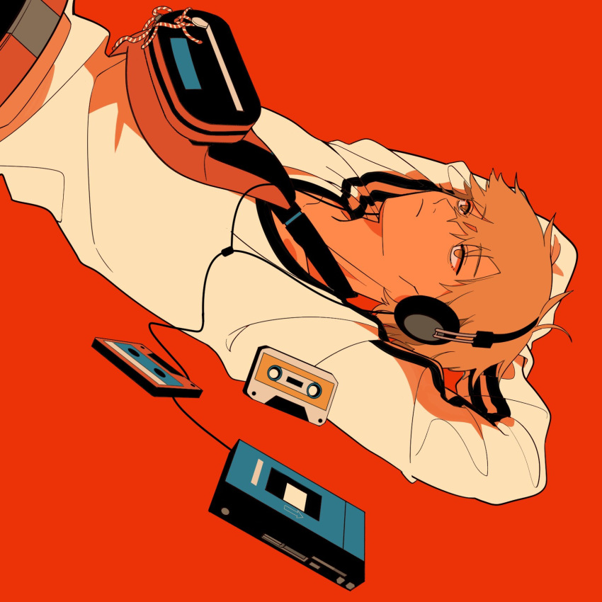 1boy blonde_hair cassette_player cassette_tape chainsaw_man denji_(chainsaw_man) fanny_pack headset highres looking_up lying null024 on_back red_background shirt short_hair simple_background solo white_shirt