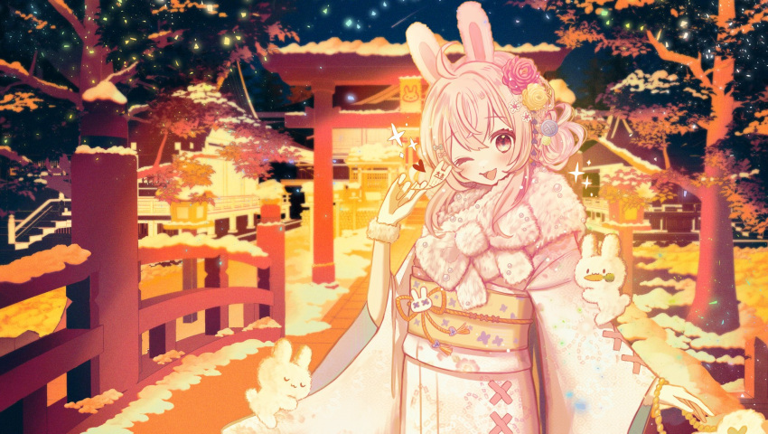 1girl :3 ;3 ;d ahoge animal_ears architecture blue_bow bow bridge buttons carrot closed_eyes commission crossed_bangs east_asian_architecture flower fur_collar fur_cuffs hair_between_eyes hair_bow hair_flower hair_ornament hair_up hand_up heart highres japanese_clothes kimono long_hair long_sleeves looking_at_viewer melty_(corolla) multiple_hair_bows night night_sky obi one_eye_closed open_mouth outdoors path phase_connect pink_bow pink_eyes pink_flower pink_hair pink_kimono pipkin_pippa rabbit rabbit_ears rabbit_girl sash shooting_star sidelocks sky smile snow solo sparkle stairs standing torii tree u_u virtual_youtuber wide_sleeves x_x yellow_flower yellow_sash