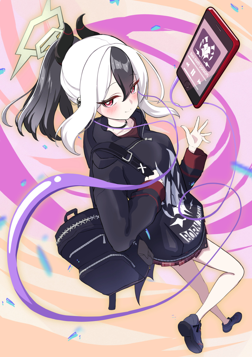 1girl abstract_background absurdres black_bag black_choker black_footwear black_hair black_hoodie black_horns blue_archive blush bocchi_(kuropom7) bright_pupils cellphone choker closed_mouth commentary_request dutch_angle earphones foreshortening full_body halo hand_up highres hood hood_down hoodie horns jacket kayoko_(blue_archive) long_hair long_sleeves looking_at_viewer looking_up mole mole_on_neck multicolored_hair phone ponytail print_jacket red_eyes shoes smartphone smile solo text_print two-tone_hair walking white_hair white_pupils yellow_halo