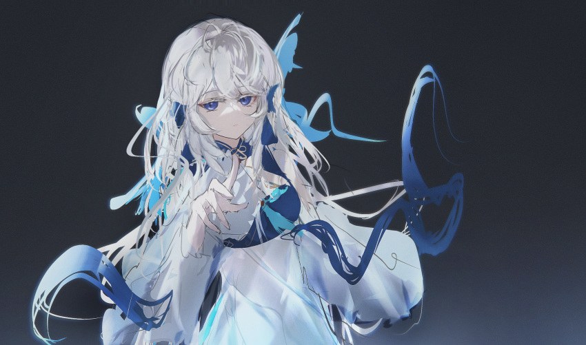 1girl arknights blue_eyes closed_mouth dress gradient_background grey_background grey_hair highres long_hair long_sleeves looking_at_viewer mebe_(teadia_violet) mulberry_(arknights) mulberry_(reflection_that_of_the_moons)_(arknights) official_alternate_costume sketch solo upper_body very_long_hair white_dress