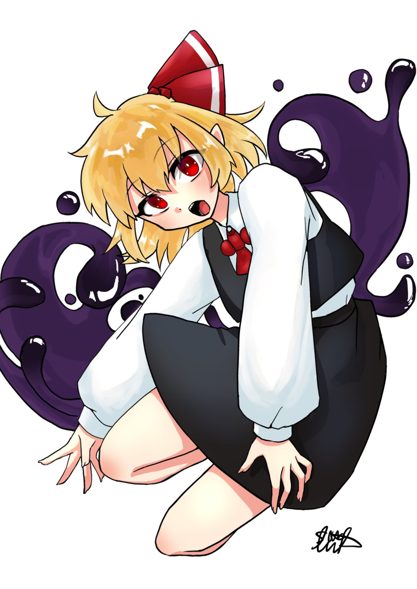 1girl black_skirt black_vest blonde_hair collared_shirt darkness full_body hair_ribbon highres long_sleeves looking_at_viewer open_mouth pointy_ears red_eyes red_ribbon ribbon rumia shirt short_hair signature skirt solo touhou vest white_background white_shirt yomogi_0001