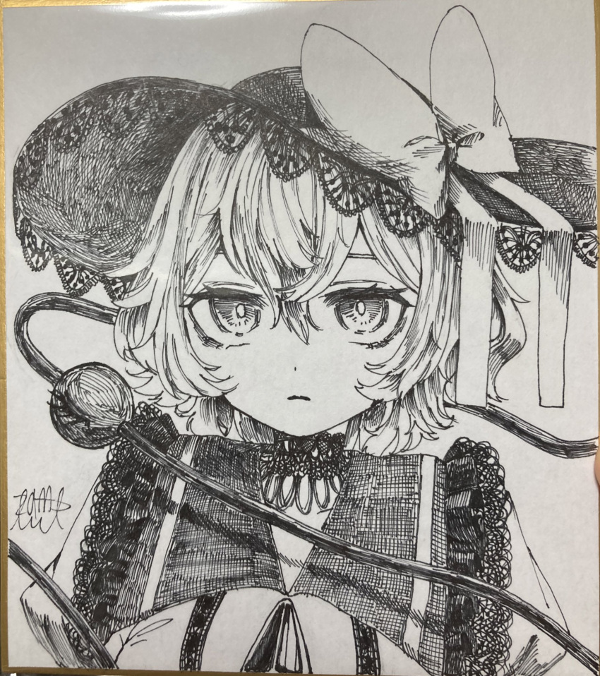 1girl bow closed_mouth commentary_request frilled_hat frilled_shirt_collar frills greyscale hat hat_bow highres komeiji_koishi looking_at_viewer monochrome short_hair signature solo third_eye touhou traditional_media upper_body yomogi_0001