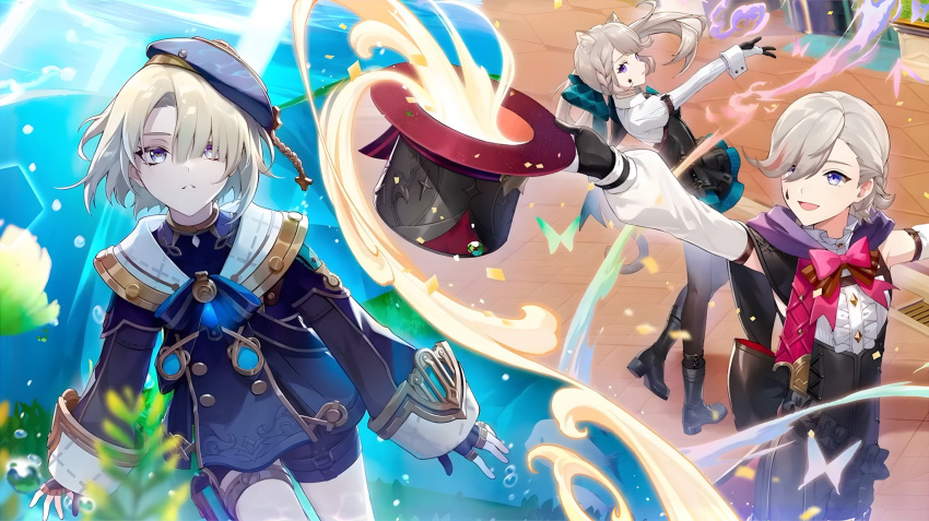 1girl 2boys animal_ears black_headwear blonde_hair blue_eyes bow breasts brother_and_sister cat_ears cat_girl cat_tail facial_mark freckles freminet_(genshin_impact) full_body genshin_impact gloves hair_over_one_eye hat highres long_hair long_sleeves looking_at_viewer lynette_(genshin_impact) lyney_(genshin_impact) multiple_boys official_art pantyhose short_hair siblings smile star_(symbol) star_facial_mark swimming tail top_hat violet_eyes