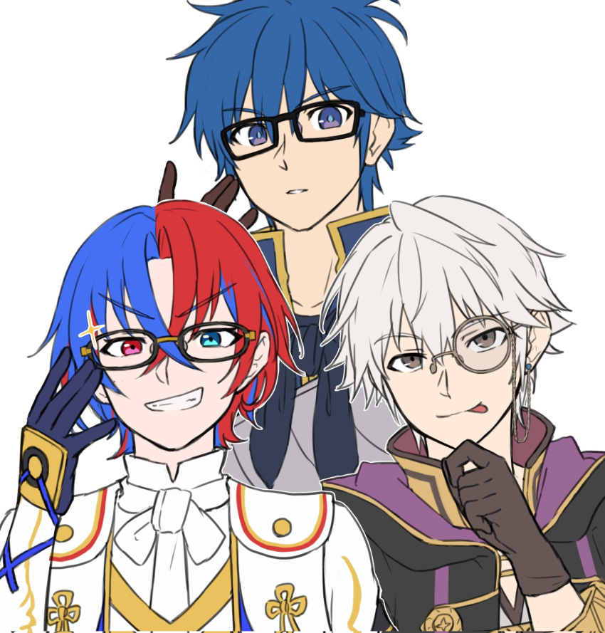 3boys alear_(fire_emblem) alear_(male)_(fire_emblem) blue_eyes blue_hair brown_gloves fire_emblem fire_emblem:_new_mystery_of_the_emblem fire_emblem_awakening fire_emblem_engage glasses gloves hair_between_eyes highres kris_(fire_emblem) kris_(male)_(fire_emblem) looking_at_viewer male_focus monocle multicolored_hair multiple_boys red_eyes redhead robin_(fire_emblem) robin_(male)_(fire_emblem) short_hair smile tongue tongue_out two-tone_hair white_background white_hair zuzu_(ywpd8853)