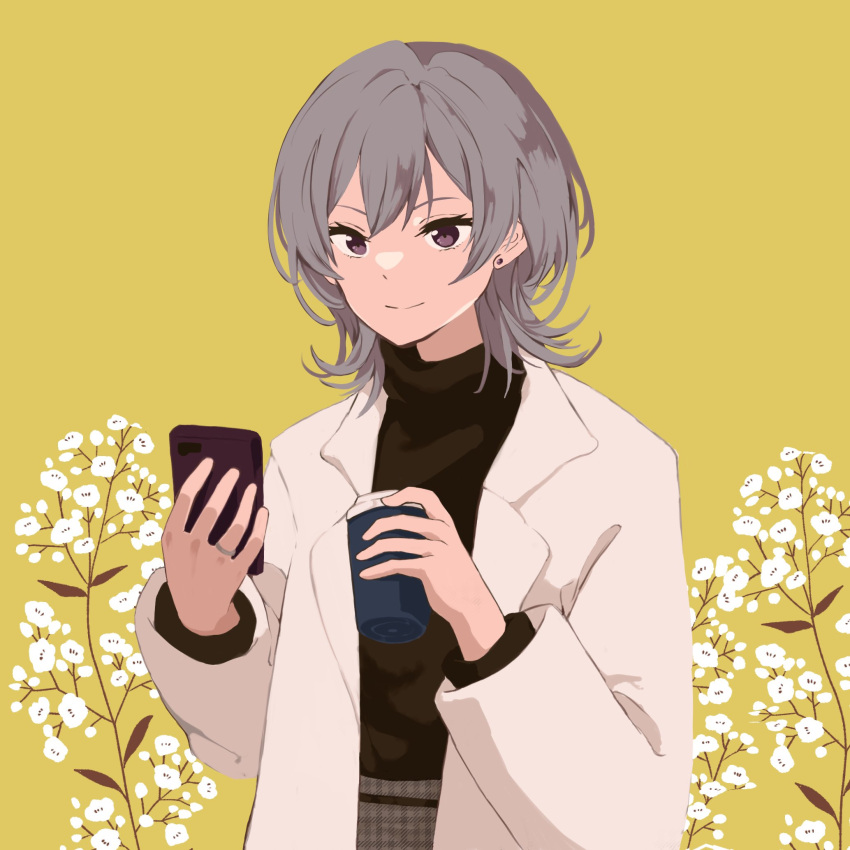 1girl black_sweater cellphone closed_mouth coffee_cup cup disposable_cup earrings flower grey_hair grey_skirt hair_between_eyes high-waist_skirt highres holding holding_cup holding_phone idoly_pride jacket jewelry kanzaki_rio long_sleeves looking_at_viewer medium_hair open_clothes open_jacket phone plaid plaid_skirt shirt_tucked_in sidelocks simple_background skirt smartphone smile solo stud_earrings sweater turtleneck turtleneck_sweater upper_body violet_eyes watameki_(pixiv_33969409) white_flower white_jacket yellow_background