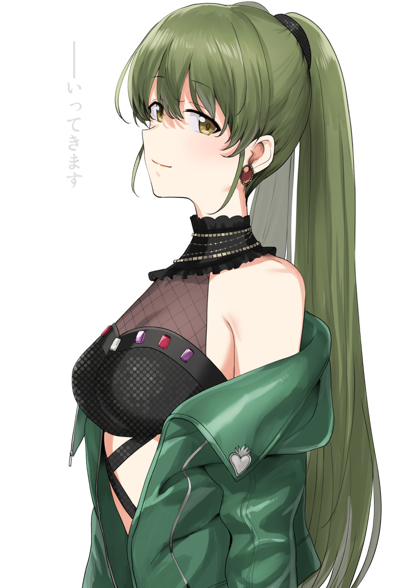 1girl breasts commentary crop_top earrings fishnets gem green_hair green_jacket highres idolmaster idolmaster_shiny_colors jacket jewelry looking_at_viewer looking_to_the_side medium_breasts nanakusa_nichika off_shoulder open_clothes open_jacket simple_background smile solo translation_request tsurui twintails white_background yellow_eyes