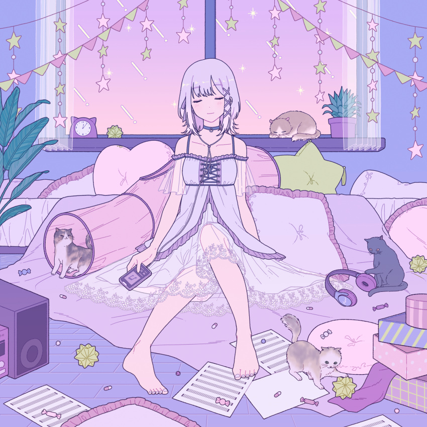 1girl absurdres bare_legs barefoot box cat clock closed_eyes dress hair_ornament headphones highres holding holding_phone indoors leaf original paper phone pillow plant potted_plant sheet_music shi_oo smile solo star_(symbol) white_dress window x_hair_ornament