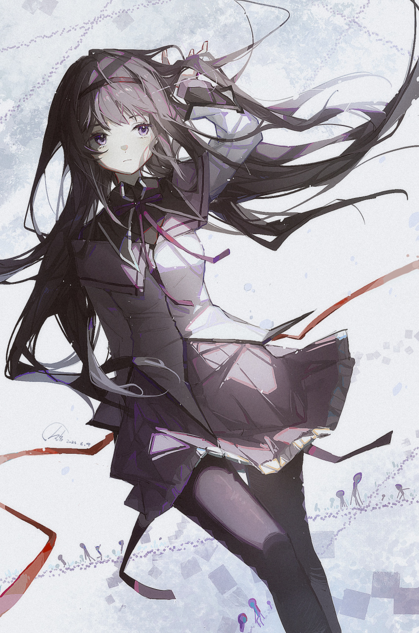 1girl akemi_homura argyle argyle_legwear arm_behind_back black_hair black_hairband capelet dated dutch_angle expressionless feet_out_of_frame floating_hair hairband hand_in_own_hair hand_up highres jacket long_hair looking_to_the_side mahou_shoujo_madoka_magica mahou_shoujo_madoka_magica_(anime) neck_ribbon pantyhose purple_capelet purple_pantyhose purple_skirt red_ribbon ribbon signature skirt solo violet_eyes walking white_background white_jacket xinjinjumin4780310