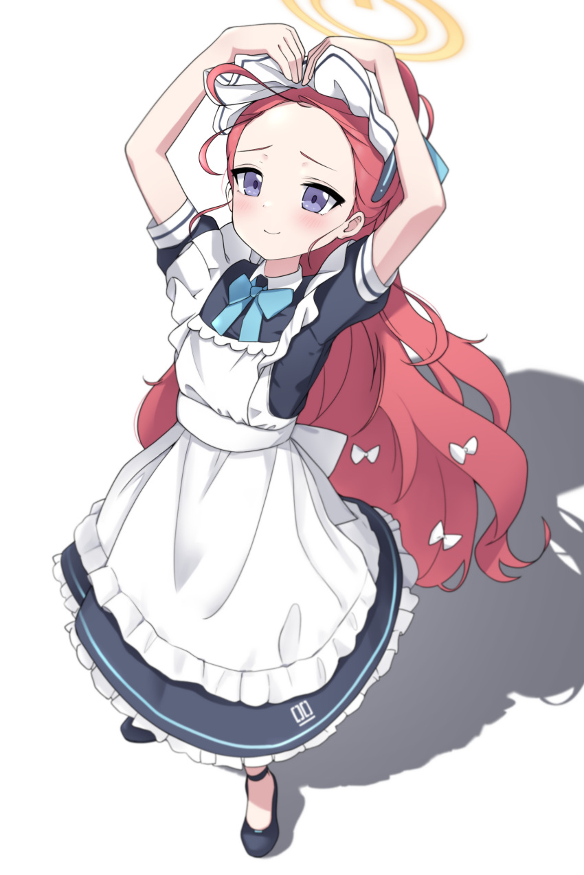 1girl absurdres apron arms_up black_dress black_footwear blue_archive blue_eyes blue_ribbon blush bow closed_mouth collared_dress commentary dress forehead full_body hair_bow halo highres loafers long_hair looking_afar maid_headdress official_alternate_costume pose_request redhead ribbon shadow shoes short_sleeves simple_background smile solo standing uuronhai very_long_hair white_apron white_background white_bow yellow_halo yuzu_(blue_archive) yuzu_(maid)_(blue_archive)