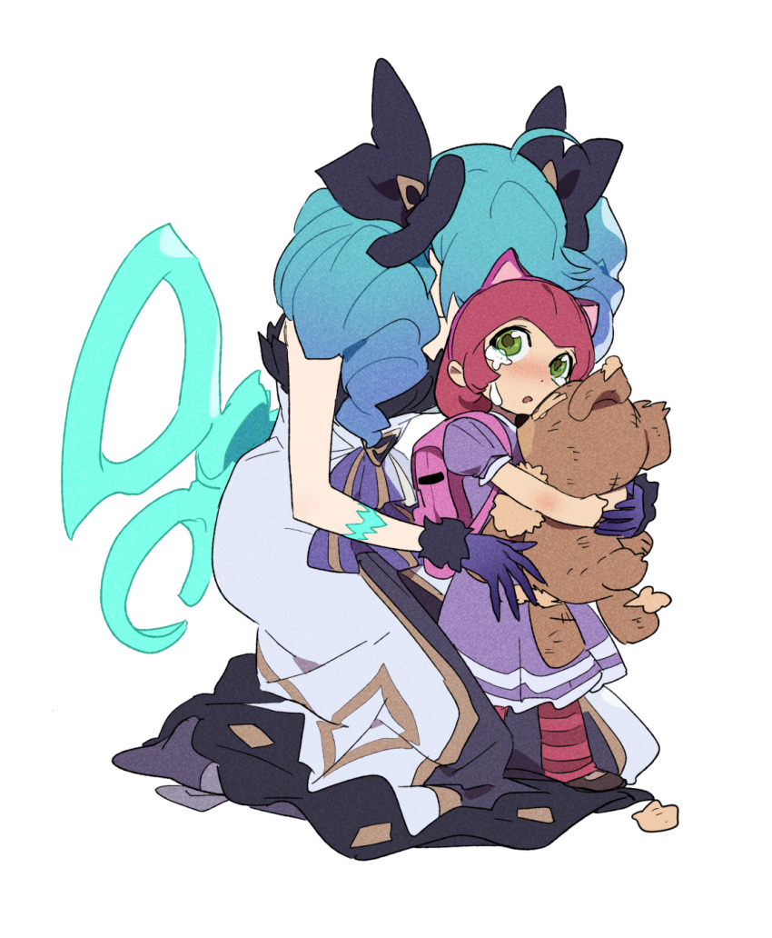 2girls ahoge animal_ears annie_(league_of_legends) arm_tattoo bag bear_ears black_bow blue_gloves blue_hair blush bow brown_footwear crying dress drill_hair facial_mark gloves green_eyes gwen_(league_of_legends) hair_bow highres holding holding_stuffed_toy hug hug_from_behind league_of_legends looking_up multiple_girls open_mouth purple_dress redhead school_bag scissors seiza short_sleeves simple_background sitting socks striped striped_socks stuffed_animal stuffed_toy tattoo tears teddy_bear tibbers twin_drills twintails white_background zaket07