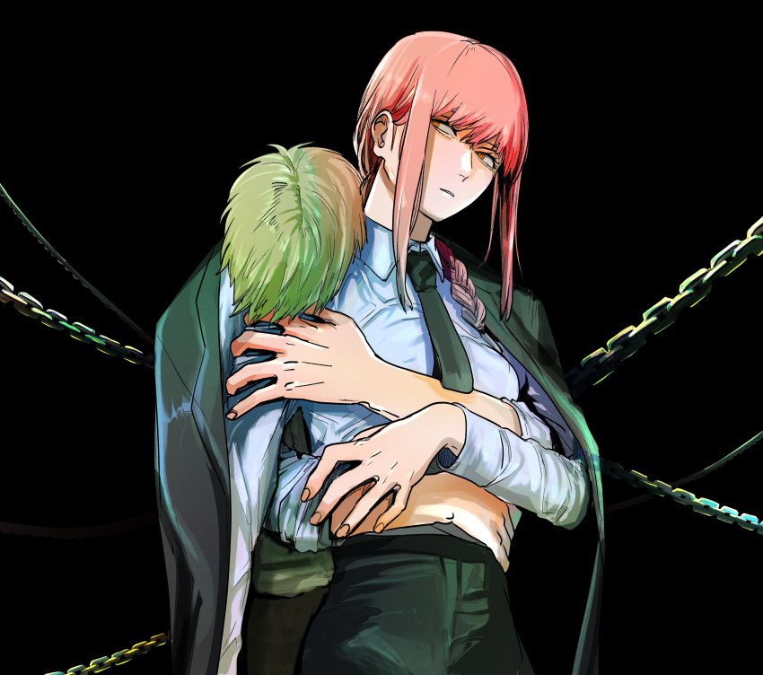 1boy 1girl absurdres bithmath black_necktie black_pants blonde_hair braid braided_ponytail chain chainsaw_man coat coat_on_shoulders collared_shirt denji_(chainsaw_man) hair_over_shoulder highres hug hug_from_behind looking_to_the_side makima_(chainsaw_man) medium_hair necktie pants redhead shirt shirt_tucked_in short_hair sidelocks suit white_shirt