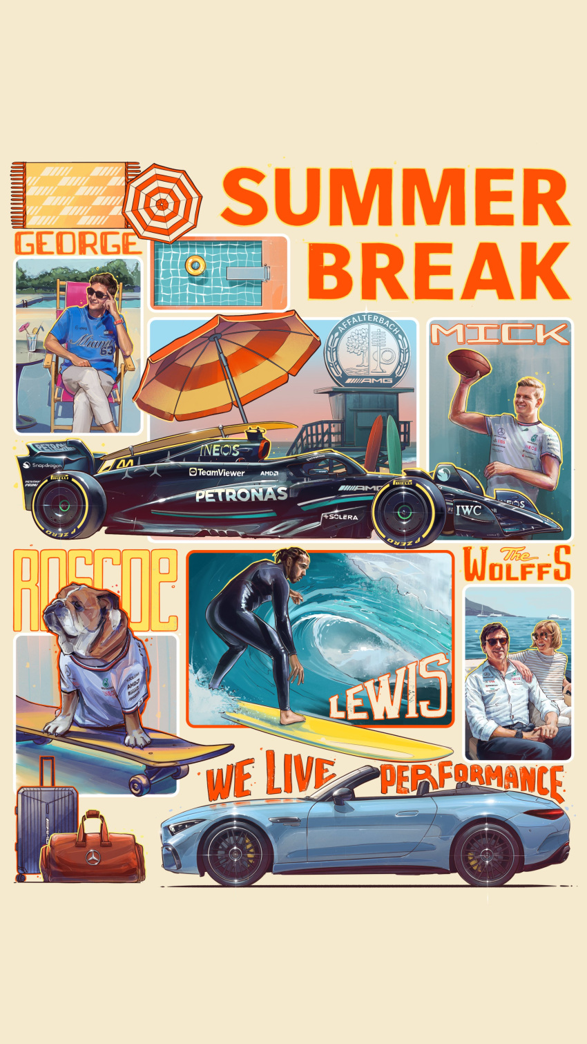 1girl 4boys absurdres andrew_mytro ass ball barefoot black_bodysuit blue_shirt bodysuit bracelet car character_name crossed_legs diving_board diving_suit english_commentary english_text formula_one george_russell grey_pants grey_shirt highres holding holding_ball jewelry lewis_hamilton looking_at_viewer looking_to_the_side mercedes-benz mercedes-benz_sl63_amg mick_schumacher motor_vehicle multiple_boys ocean official_art open_mouth pants pool race_vehicle racecar real_life realistic roscoe_(lewis_hamilton) shirt skateboard smile sunglasses surfboard surfing susie_wolff toto_wolff umbrella waves wetsuit white_shirt