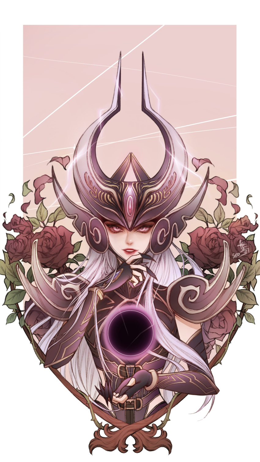 1girl absurdres bebseo belt branch claw_(weapon) elbow_gloves energy_ball fingerless_gloves flower gloves highres leaf league_of_legends long_hair looking_at_viewer magic petals purple_belt purple_gloves red_flower rose simple_background smile solo syndra upper_body violet_eyes weapon white_hair