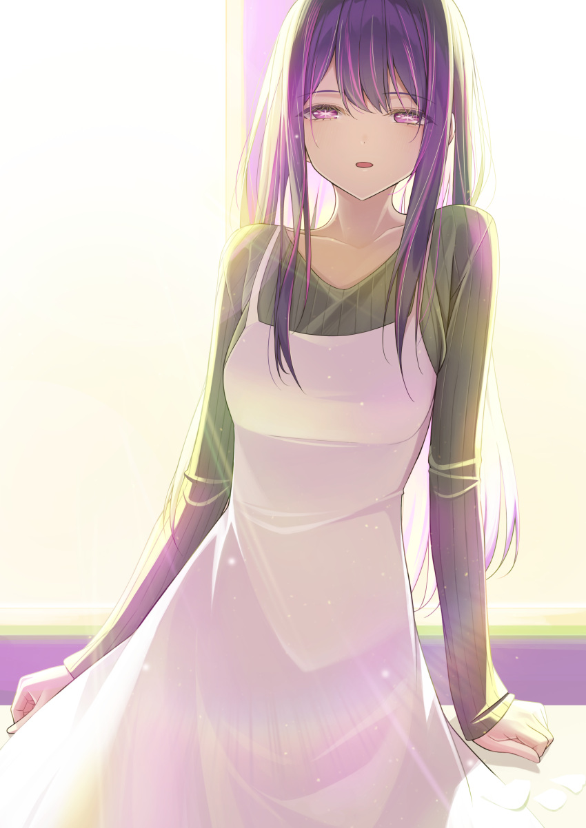 1girl absurdres backlighting breasts collarbone commentary dress grey_sweater hair_between_eyes highres hoshino_ai_(oshi_no_ko) lens_flare long_hair long_sleeves looking_at_viewer medium_breasts open_mouth oshi_no_ko pinafore_dress purple_hair ribbed_sweater sidelocks sleeveless sleeveless_dress solo sora_(men0105) star-shaped_pupils star_(symbol) sweater symbol-shaped_pupils violet_eyes white_background