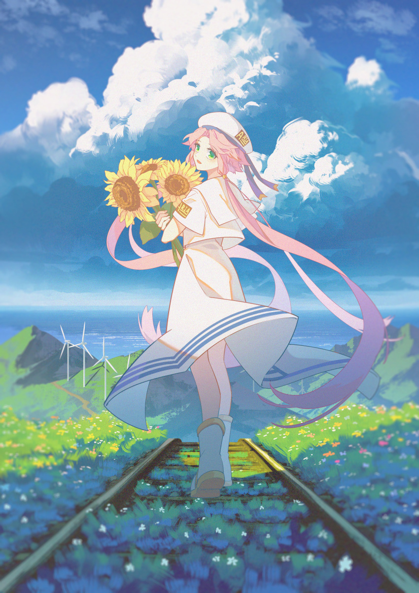 1girl absurdres aqua_eyes aria aria_company_uniform beret boots clouds cloudy_sky day dress floating_hair flower grass hair_tubes hat hat_ribbon highres holding holding_flower jiege long_dress looking_at_viewer looking_back mizunashi_akari ocean open_mouth outdoors pink_hair railroad_tracks ribbon short_hair_with_long_locks short_sleeves sky solo standing sunflower uniform white_dress white_footwear white_headwear wind_turbine yellow_flower