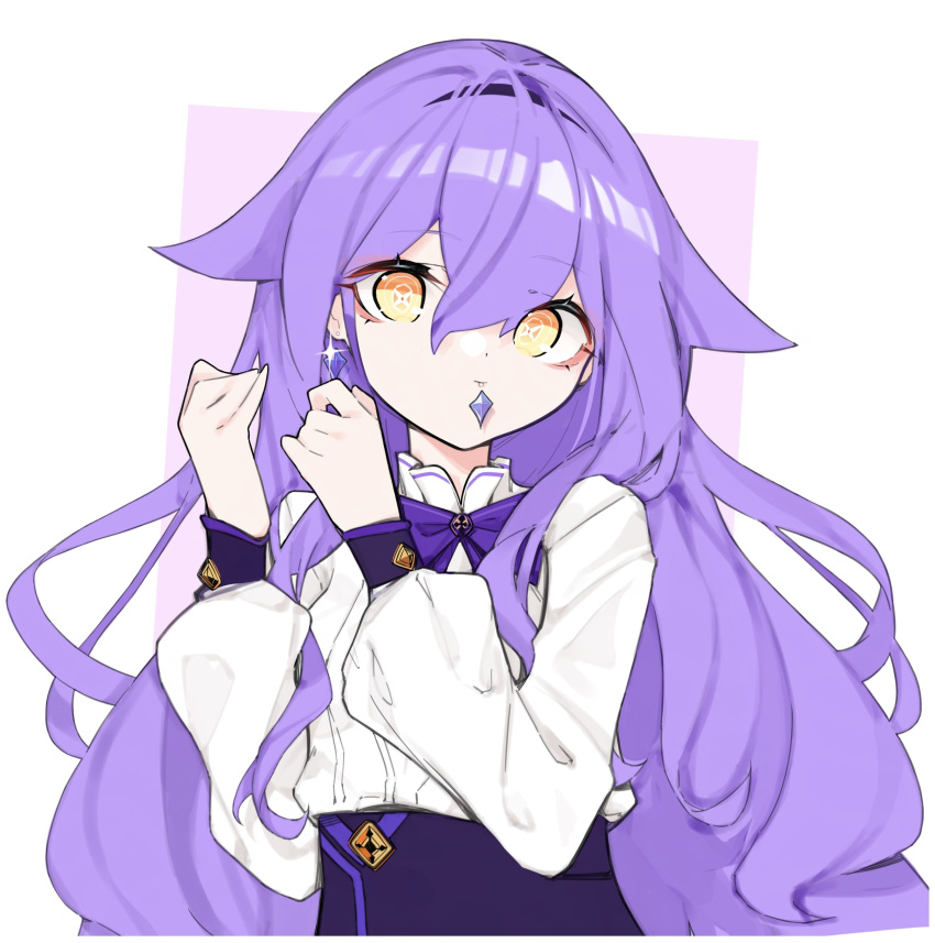 1girl absurdres bow bowtie earrings error1980 hair_between_eyes hands_up highres honkai_(series) honkai_impact_3rd jewelry long_hair long_sleeves looking_at_viewer mouth_hold pink_background purple_bow purple_bowtie purple_hair shirt sirin solo two-tone_background upper_body white_background white_shirt yellow_eyes