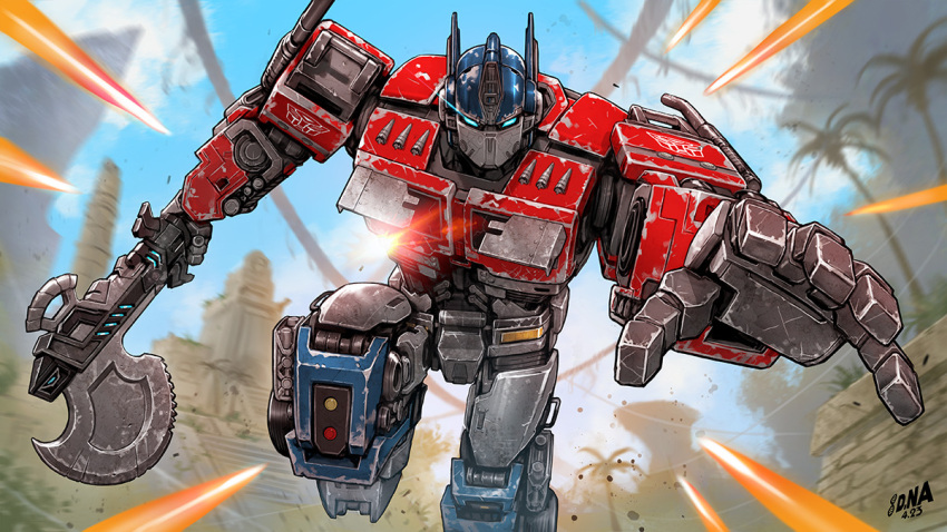 2023 autobot axe blue_eyes blue_sky clouds damaged dated david_nakayama dirty energy_beam english_commentary fortnite glowing glowing_eyes mecha no_humans official_art optimus_prime palm_tree promotional_art robot ruins running_towards_viewer science_fiction signature sky transformers tree weapon