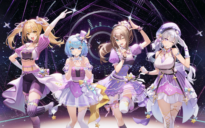 4girls :3 :d ;) ;d arm_up asymmetrical_legwear bare_shoulders bekki_(vtuber) beret black_socks blonde_hair blue_eyes blue_hair bob_cut boots bow braided_sidelock breasts brown_hair cropped_jacket dark_background detached_collar detached_sleeves dress dress_bow feet_out_of_frame finger_to_mouth foot_out_of_frame gloves green_eyes grey_hair gui_mi hair_ribbon hand_on_own_head hand_on_own_hip hand_up hands_up hat hat_bow hat_feather headset heart heart_hands highres idol idol_clothes index_finger_raised jacket knee_boots knees_together_feet_apart leg_ribbon leg_up lian_(vtuber) light_particles long_hair mini_hat mini_top_hat mismatched_legwear multiple_girls music navel neck_ribbon necktie o-ring o-ring_thigh_strap official_art one_eye_closed overskirt partially_fingerless_gloves pink_ribbon ponytail puffy_short_sleeves puffy_sleeves purple_dress purple_headwear purple_jacket purple_necktie purple_ribbon purple_shorts purple_thighhighs queenie_(vtuber) ribbon short_dress short_sleeves shorts singing single_sock single_thighhigh sixiwanzi sleeveless sleeveless_dress smile socks sparkle standing standing_on_one_leg stomach strapless striped striped_thighhighs thigh-highs thigh_ribbon thigh_strap tilted_headwear top_hat tube_top twintails uneven_legwear vertical-striped_thighhighs vertical_stripes virtual_youtuber white_footwear white_gloves white_socks white_thighhighs wrist_cuffs yellow_eyes yoyi_(vtuber)