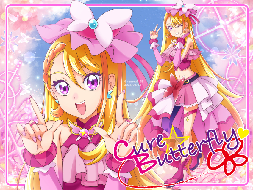 1girl belt_bow birthday blonde_hair bow_skirt braid brooch butterfly_brooch butterfly_earrings butterfly_hat butterfly_hat_ornament character_name cure_butterfly earrings full_body hanzou happy_birthday hat_ornament highres hijiri_ageha hirogaru_sky!_precure jewelry long_hair looking_at_viewer magical_girl midriff nail_polish navel one_eye_closed open_mouth pink_headwear pink_nails pink_skirt pink_theme precure single_leg_pantyhose skirt smile solo very_long_hair violet_eyes wing_brooch wing_hair_ornament