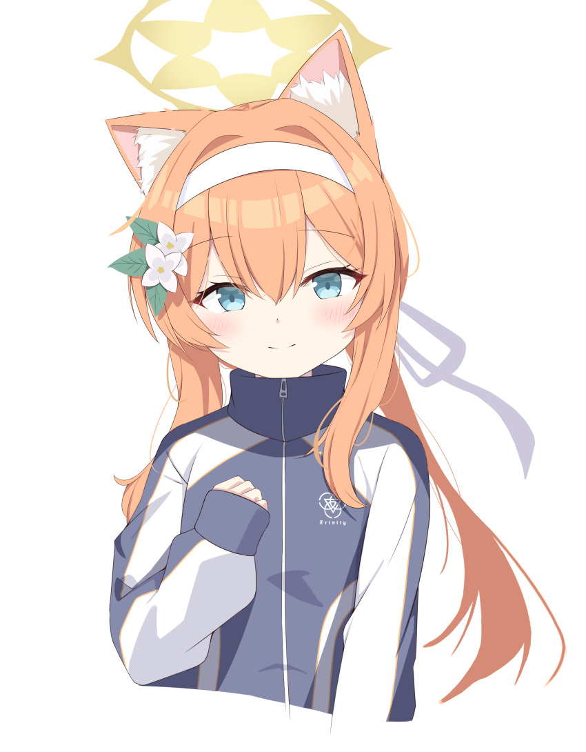1girl absurdres animal_ear_fluff animal_ears blue_archive blue_eyes closed_mouth commentary_request cropped_torso flower fox_ears gym_uniform hair_flower hair_ornament hairband halo hand_up highres long_hair long_sleeves looking_at_viewer mari_(blue_archive) mari_(track)_(blue_archive) official_alternate_costume orange_hair simple_background sleeves_past_wrists smile solo straight-on upper_body white_background white_flower white_hairband yellow_halo yumemin_(yumemi5140)