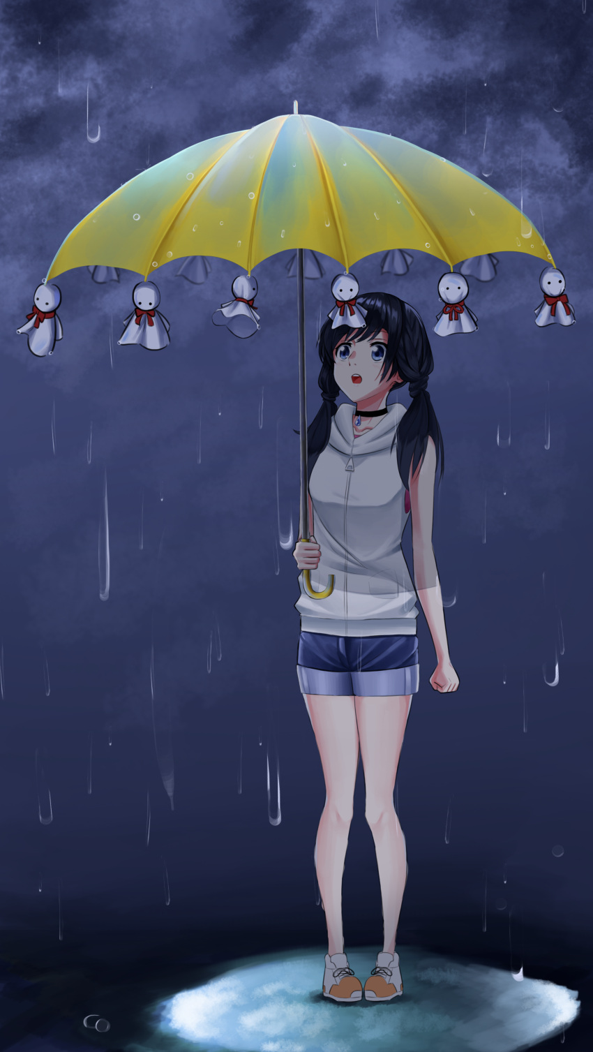 1girl absurdres amano_hina_(tenki_no_ko) bare_legs black_choker black_hair blue_eyes blue_shorts blush breasts choker collarbone commentary full_body highres holding holding_umbrella hood hoodie long_hair low_twintails open_mouth pink_shirt rain shirt shorts sleeveless sleeveless_hoodie small_breasts solo sora_(men0105) standing tenki_no_ko teruterubouzu twintails umbrella white_footwear white_hoodie