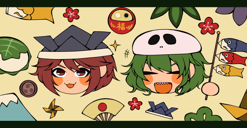 +_+ 1jumangoku 2others :3 alternate_headwear androgynous black_headwear blush_stickers children's_day closed_eyes commentary flat_color flower green_flower hand_fan head_only headwear_request highres holding japanese_flag_print katano_sukune kitsugai_sese koinobori leaf len'en mount_fuji mountain multiple_others object_request open_mouth origami paper_crane pinwheel pointy_hair purple_flower red_eyes red_flower redhead sharp_teeth short_hair skull-shaped_hat smile sparkle teeth upper_teeth_only v-shaped_eyebrows wavy_hair white_background windsock